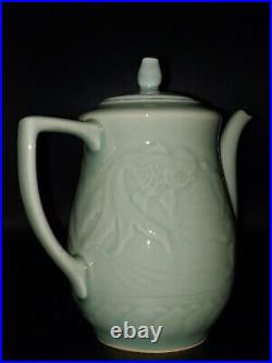 Vintage China Longquan Celadon Porcelain Relief Gold Fish Teapot