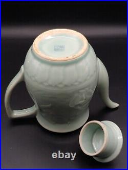 Vintage China Longquan Celadon Porcelain Relief Gold Fish Teapot