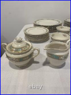 Vintage China Set. White, Green & Gold Pattern. 6-8 Place Setting Raleigh Pattern