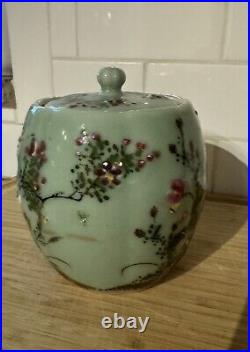 Vintage Chinese Celadon Glazed Gilded Jar with lid