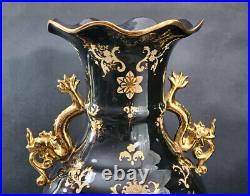 Vintage Chinese Chinoiserie Black & Gold Porcelain Dragon Handle Vase 23 H
