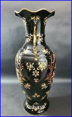 Vintage Chinese Chinoiserie Black & Gold Porcelain Dragon Handle Vase 23 H