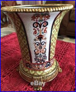 Vintage Chinese Cracked Porcelain Bronze/brass Trim Green Gold Trumpet Vase