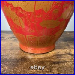 Vintage Chinese Gilded Porcelain Vase Gold & Red Glaze 21 Inch Year Of Long