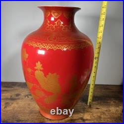 Vintage Chinese Gilded Porcelain Vase Gold & Red Glaze 21 Inch Year Of Long