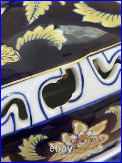 Vintage Chinese Porcelain Cobalt with Gold Floral Accents & Openwork Design Band