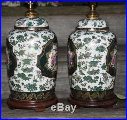 Vintage Chinese Porcelain Hand Painted Enamel Lamp Famille Rose DARK GREEN GOLD