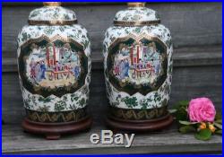 Vintage Chinese Porcelain Hand Painted Enamel Lamp Famille Rose DARK GREEN GOLD