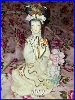 Vintage Chinese Porcelain Lady Figurine Hand Painted, Gilded Details, 9 3