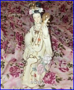 Vintage Chinese Porcelain Lady Figurine Hand Painted, Gilded Details, 9 Tall