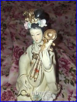Vintage Chinese Porcelain Lady Figurine Hand Painted, Gilded Details, 9 Tall