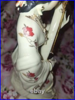 Vintage Chinese Porcelain Lady Figurine Hand Painted, Gilded Details, 9 Tall