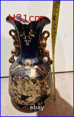 Vintage Chinese porcelain cobalt blue with gold vase H31cm W1589g