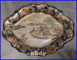 Vintage Crackle Glaze Chinese Royal Satsuma Handpainted Gilded Oval Platter
