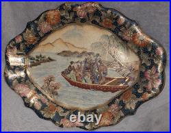 Vintage Crackle Glaze Chinese Royal Satsuma Handpainted Gilded Oval Platter