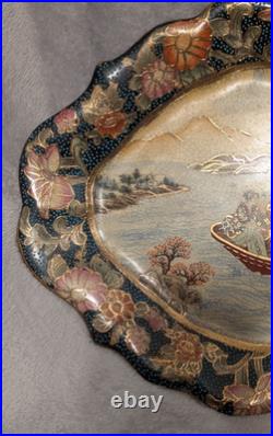 Vintage Crackle Glaze Chinese Royal Satsuma Handpainted Gilded Oval Platter