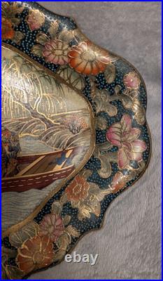 Vintage Crackle Glaze Chinese Royal Satsuma Handpainted Gilded Oval Platter