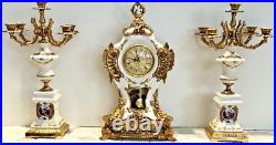 Vintage French Limoges Porcelain Mantel Clock WithCandelabra Garnitures Gold PLATE