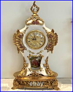 Vintage French Limoges Porcelain Mantel Clock WithCandelabra Garnitures Gold PLATE
