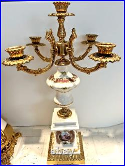 Vintage French Limoges Porcelain Mantel Clock WithCandelabra Garnitures Gold PLATE