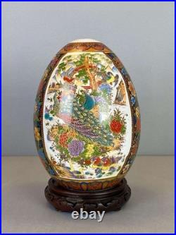Vintage Hand Painted Chinese Gilded Rose Porcelain Egg Statue Magnificent