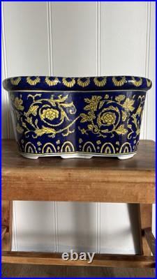 Vintage Italian Baroque Porcelain Cobalt And Gold Jardiniere Planter Vintage Italian Baroque Porcelain Cobalt And Gold Jardiniere Planter