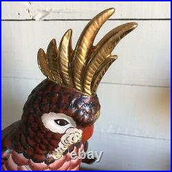 Vintage Large Cockatoo Parrot Ceramic Porcelain Sculpture Hand painted Red Gold