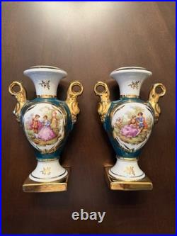 Vintage Limoges France Porcelain Vases Hand Painted Courting Scene Gold Gilt 7