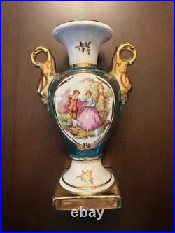 Vintage Limoges France Porcelain Vases Hand Painted Courting Scene Gold Gilt 7