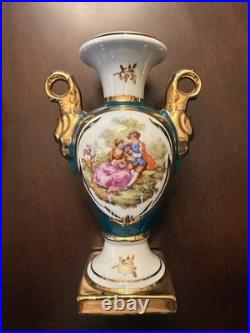 Vintage Limoges France Porcelain Vases Hand Painted Courting Scene Gold Gilt 7