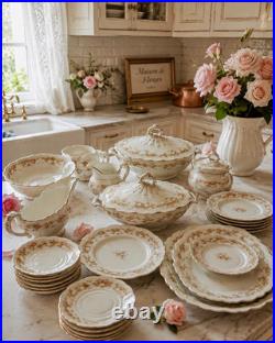 Vintage Porcelain China Pink Rose Gold Trim 26-Piece Dinnerware Collection