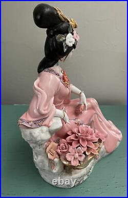 Vintage Porcelain Oriental Asian Geisha Lady Statue Lotus Roses Pink Gilded 13