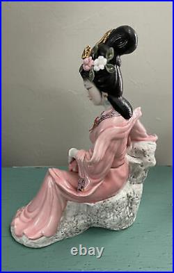 Vintage Porcelain Oriental Asian Geisha Lady Statue Lotus Roses Pink Gilded 13