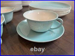 Vintage Sascha Brastoff White Sprigs China Dining Set, Aqua Gold Inlay, 37 Pcs