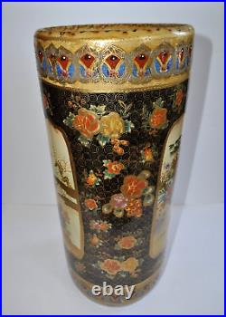 Vintage Satsuma Asian Chinoiserie Porcelain Umbrella Stand Floral w Gold Accents