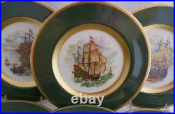 Vintage Set 12 PICKARD DINNER PLATES SAILBOAT SHIP GOLD ENCRUSTED GREEN EDGES