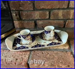 Vintage Turkish Kutahya Porcelain Cup Set with Tray Blue and Gilded
