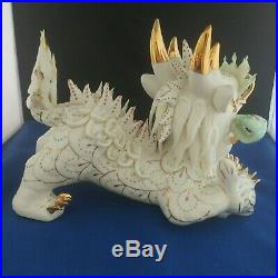 Vintage White Gold Gilt Porcelain Chinese Lion Holding Baby Foo Dog 10L 7.5H