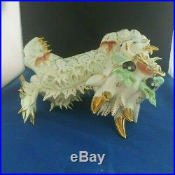Vintage White Gold Gilt Porcelain Chinese Lion Holding Baby Foo Dog 10L 7.5H