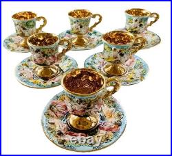 Vtg 6 Capodimonte Demitasse Espresso Cup Saucer Set Raised Relief Cherub Design