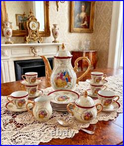 Vtg Victorian Style Fine Porcelain 17 Piece Tea Set With Gold Trim Handles