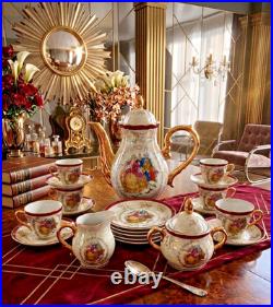 Vtg Victorian Style Fine Porcelain 17 Piece Tea Set With Gold Trim Handles