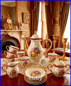 Vtg Victorian Style Fine Porcelain 17 Piece Tea Set With Gold Trim Handles