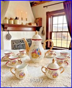 Vtg Victorian Style Fine Porcelain 17 Piece Tea Set With Gold Trim Handles