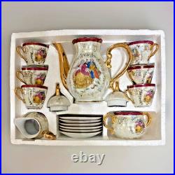 Vtg Victorian Style Fine Porcelain 17 Piece Tea Set With Gold Trim Handles