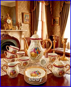 Vtg Victorian Style Fine Porcelain 17 Piece Tea Set With Gold Trim Handles