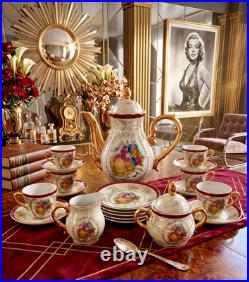 Vtg Victorian Style Fine Porcelain 17 Piece Tea Set With Gold Trim Handles