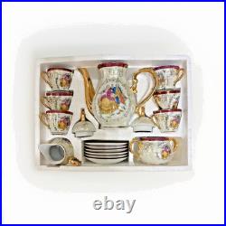 Vtg Victorian Style Fine Porcelain 17 Piece Tea Set With Gold Trim Handles
