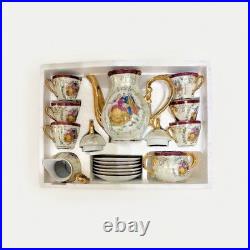 Vtg Victorian Style Fine Porcelain 17 Piece Tea Set With Gold Trim Handles