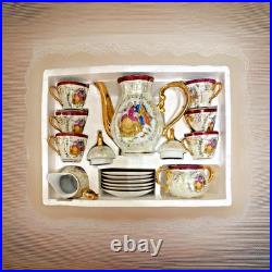 Vtg Victorian Style Fine Porcelain 17 Piece Tea Set With Gold Trim Handles